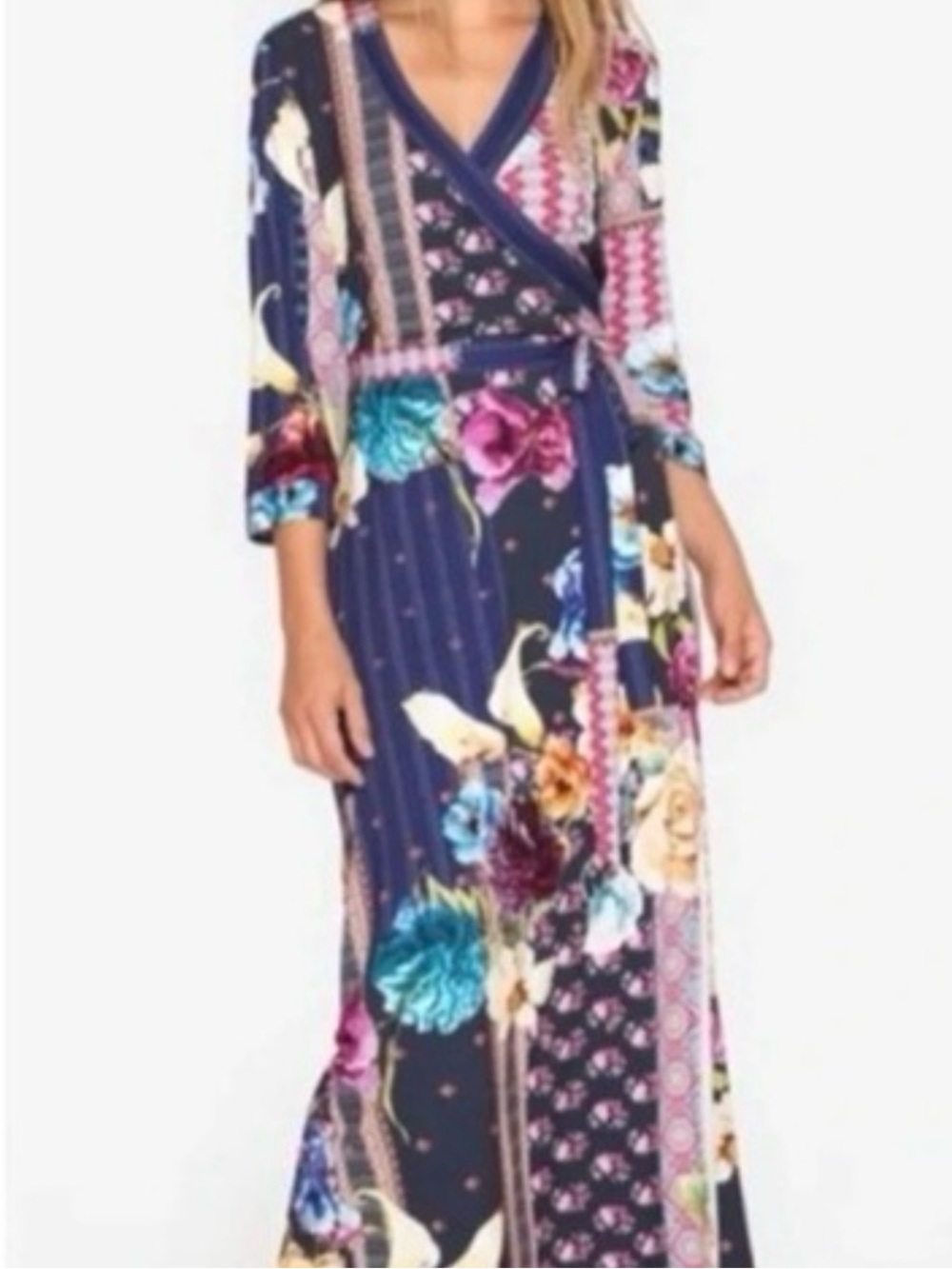 Johnny Was Navy Floral Patchwork Wrap Maxi Dress Sz L